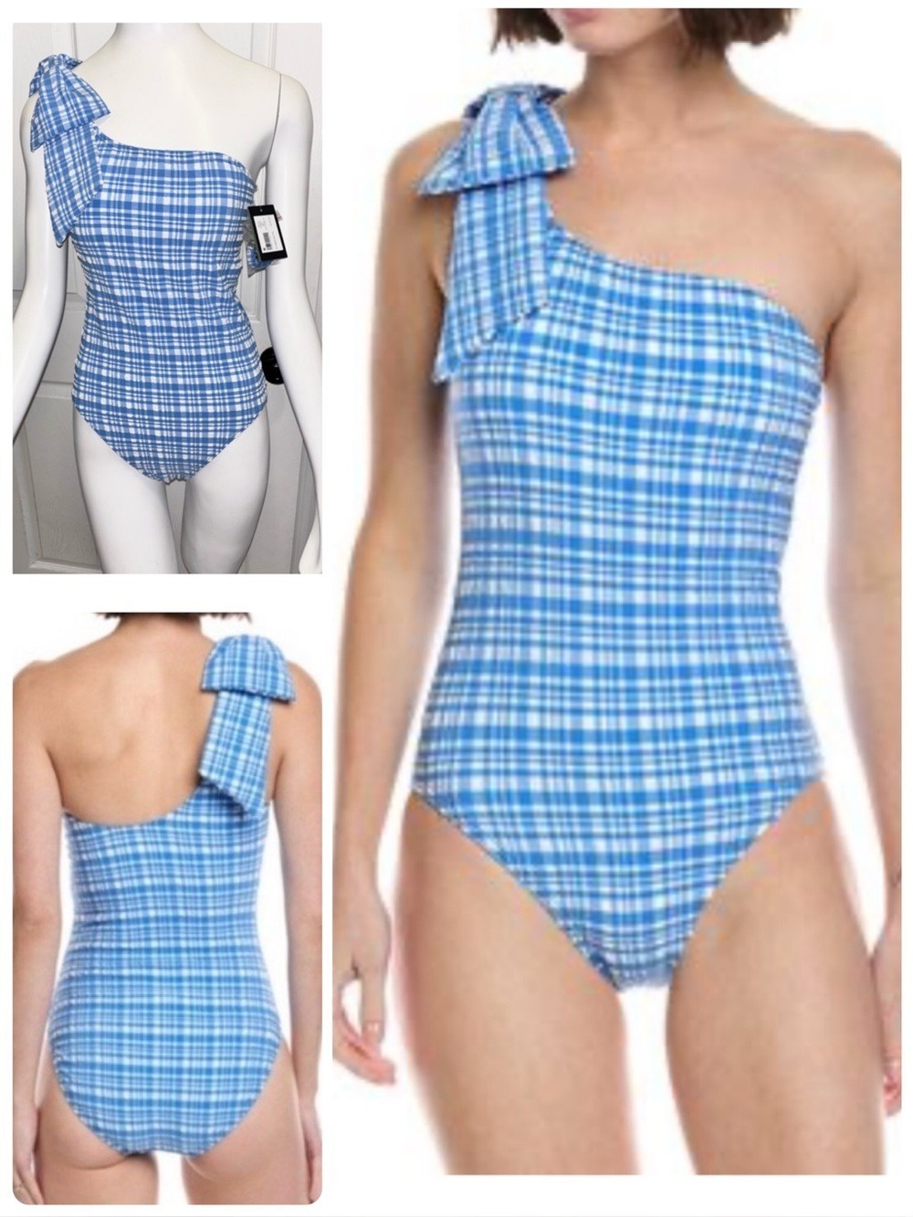 NWT Kate Spade One-Shoulder One-Piece Swimsuit Bow Detail Sky Blue Plaid Medium